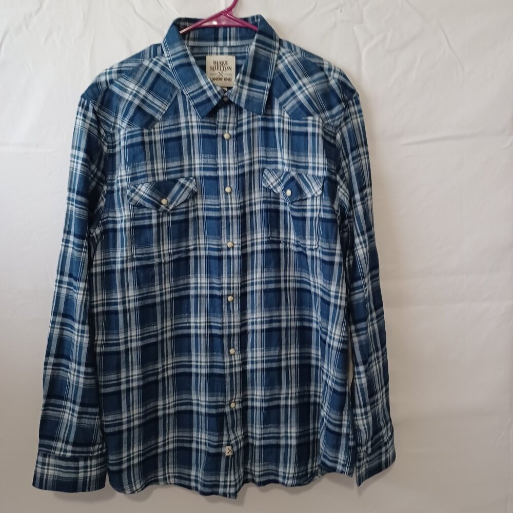 Blake Shelton x Lands'end shirt blue white plaid sz L‎